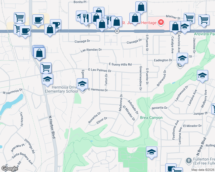 map of restaurants, bars, coffee shops, grocery stores, and more near 600 Pueblo Place in Fullerton