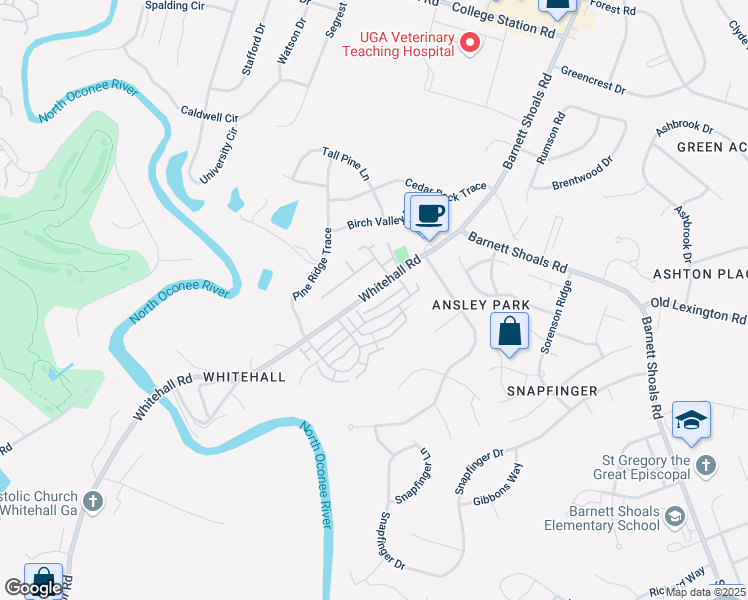 map of restaurants, bars, coffee shops, grocery stores, and more near 297 Whitehall Road in Athens
