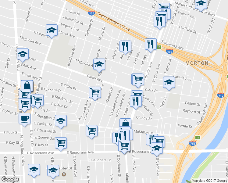 map of restaurants, bars, coffee shops, grocery stores, and more near 12422 Waldorf Drive in Lynwood