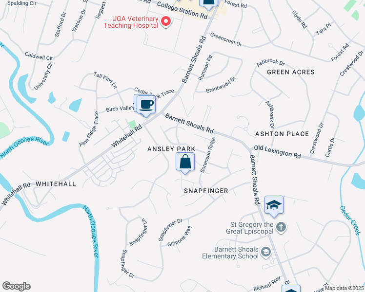 map of restaurants, bars, coffee shops, grocery stores, and more near 141 Wakefield Drive in Athens