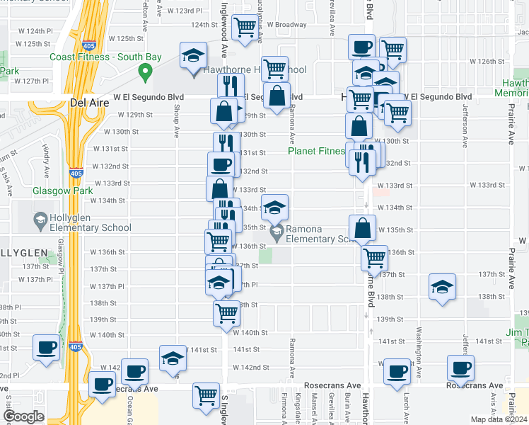 map of restaurants, bars, coffee shops, grocery stores, and more near 4678 West 134th Street in Hawthorne