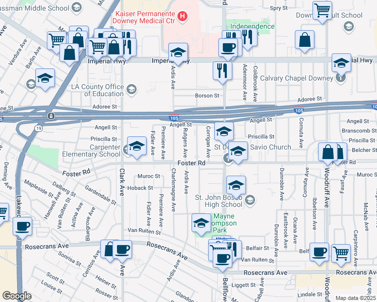 map of restaurants, bars, coffee shops, grocery stores, and more near 13236 Rutgers Avenue in Downey