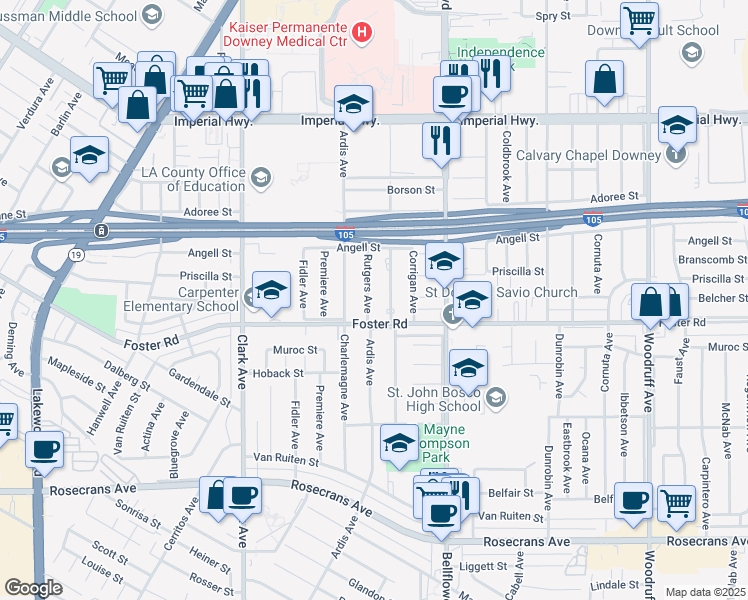 map of restaurants, bars, coffee shops, grocery stores, and more near 13236 Rutgers Avenue in Downey
