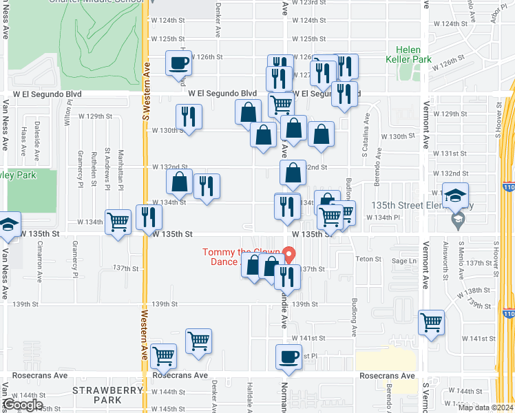 map of restaurants, bars, coffee shops, grocery stores, and more near 1452 West 134th Street in Gardena