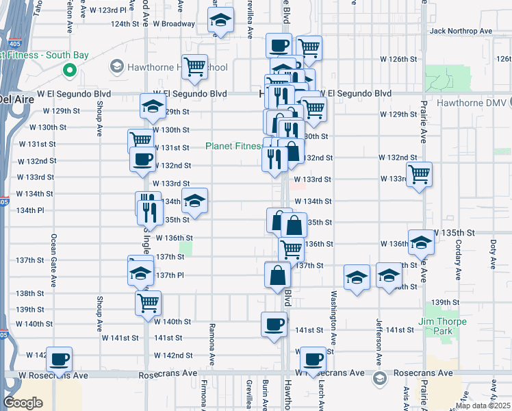 map of restaurants, bars, coffee shops, grocery stores, and more near 4470 West 134th Street in Hawthorne