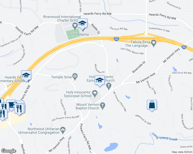 map of restaurants, bars, coffee shops, grocery stores, and more near 110 Lameloise Lane Northwest in Atlanta