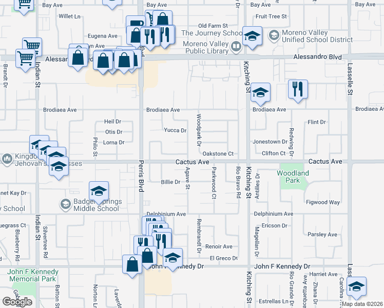 map of restaurants, bars, coffee shops, grocery stores, and more near 14490 Agave Street in Moreno Valley