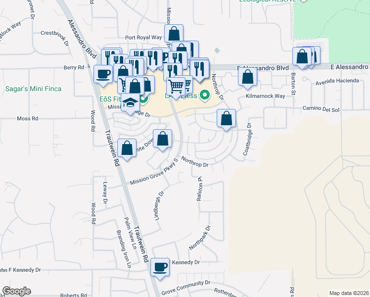 map of restaurants, bars, coffee shops, grocery stores, and more near 11285 Mathilda Lane in Riverside