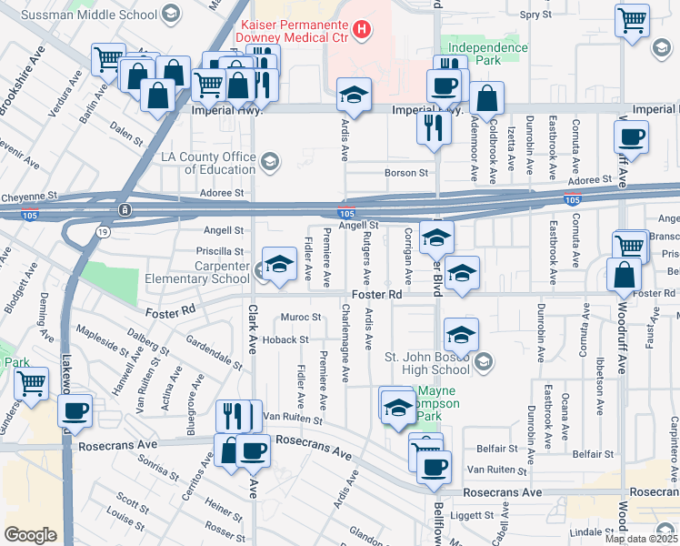 map of restaurants, bars, coffee shops, grocery stores, and more near 13242 Ardis Avenue in Downey