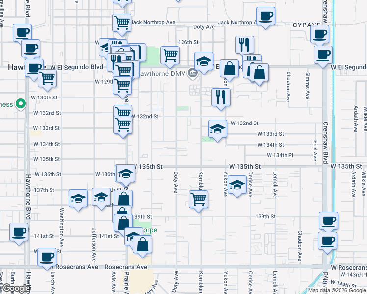 map of restaurants, bars, coffee shops, grocery stores, and more near 13414 Doty Avenue in Hawthorne