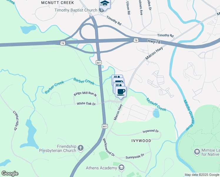map of restaurants, bars, coffee shops, grocery stores, and more near 1022 Cherry Hills Court in Athens