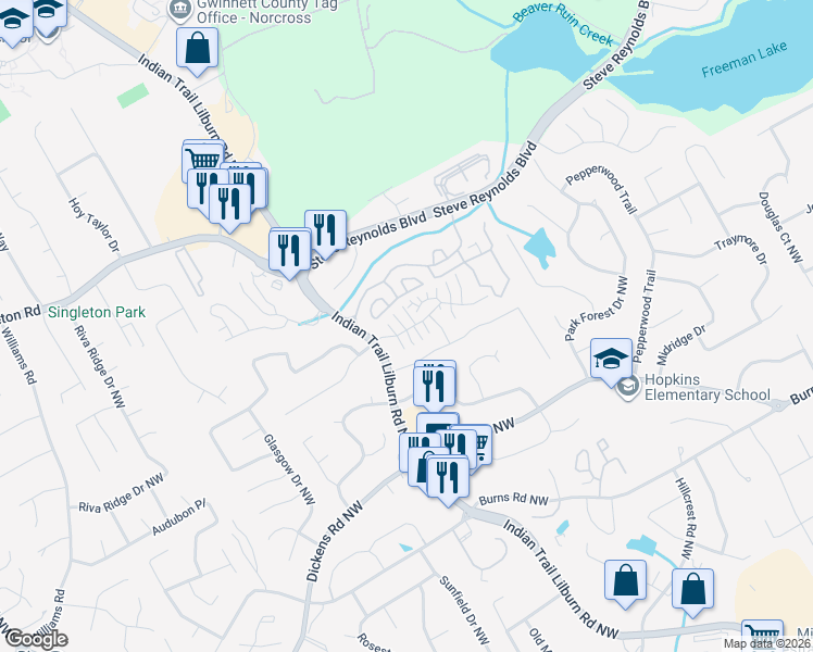 map of restaurants, bars, coffee shops, grocery stores, and more near 1036 Heathmoor Court in Norcross