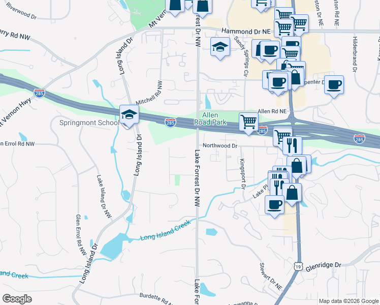 map of restaurants, bars, coffee shops, grocery stores, and more near 35 Michelle Circle Northeast in Atlanta