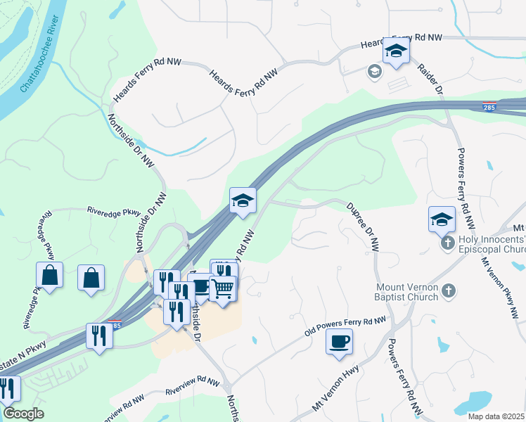 map of restaurants, bars, coffee shops, grocery stores, and more near 6151 Powers Ferry Road Northwest in Sandy Springs