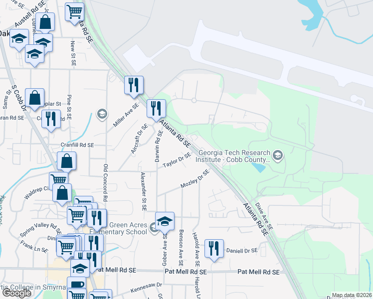map of restaurants, bars, coffee shops, grocery stores, and more near 1730 Atlanta Road Southeast in Smyrna