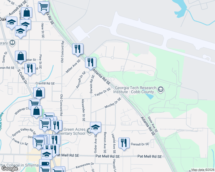 map of restaurants, bars, coffee shops, grocery stores, and more near 1730 Atlanta Road Southeast in Smyrna