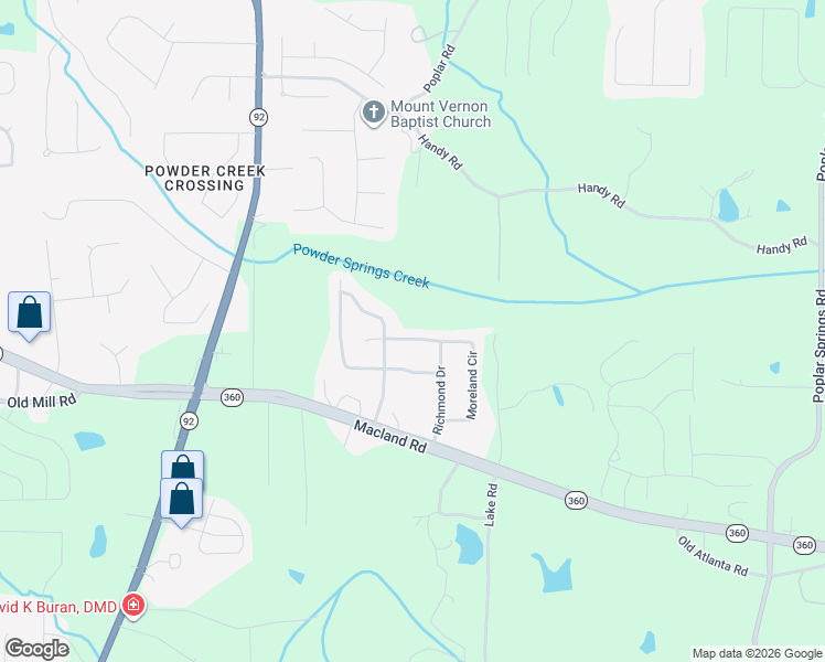 map of restaurants, bars, coffee shops, grocery stores, and more near 402 Moreland Circle in Hiram