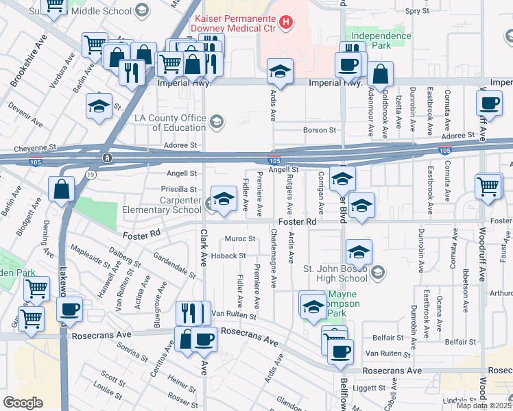 map of restaurants, bars, coffee shops, grocery stores, and more near 13233 Premiere Avenue in Downey