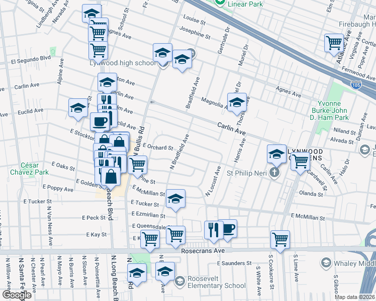 map of restaurants, bars, coffee shops, grocery stores, and more near 1809 East Orchard Street in Compton