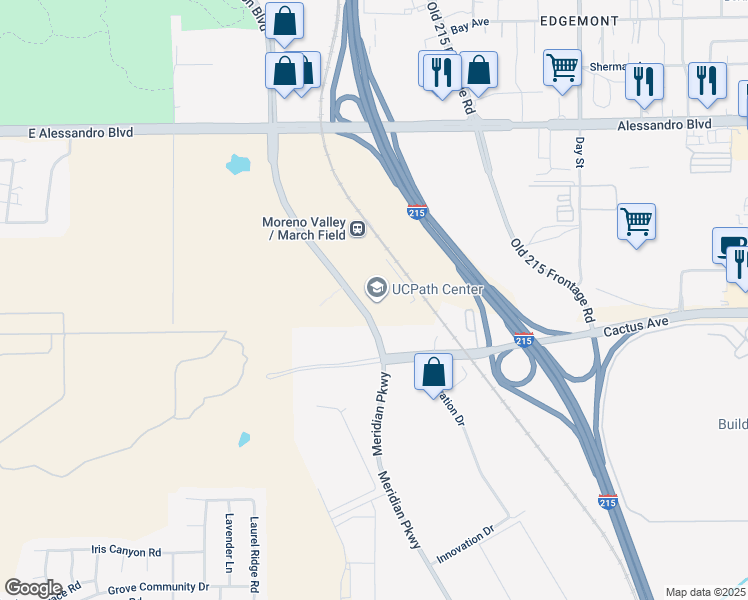 map of restaurants, bars, coffee shops, grocery stores, and more near 13450 Meridian Parkway in Riverside