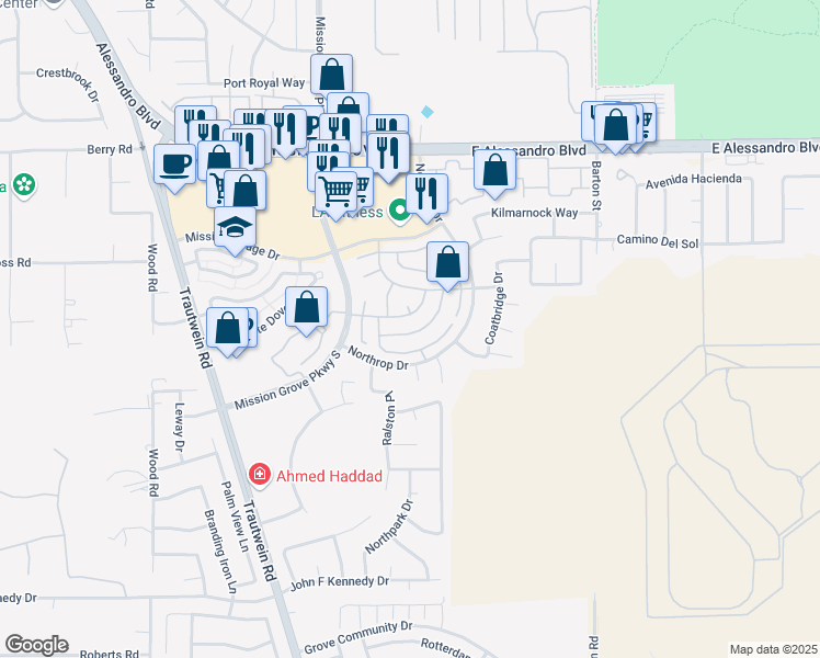 map of restaurants, bars, coffee shops, grocery stores, and more near 5165 Melbourne Place in Riverside