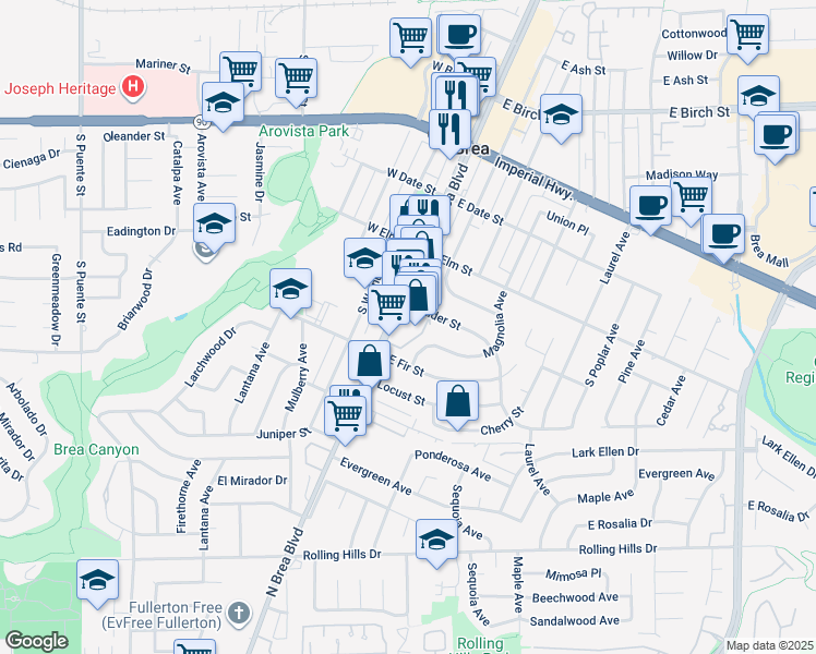 map of restaurants, bars, coffee shops, grocery stores, and more near 638 South Brea Boulevard in Brea