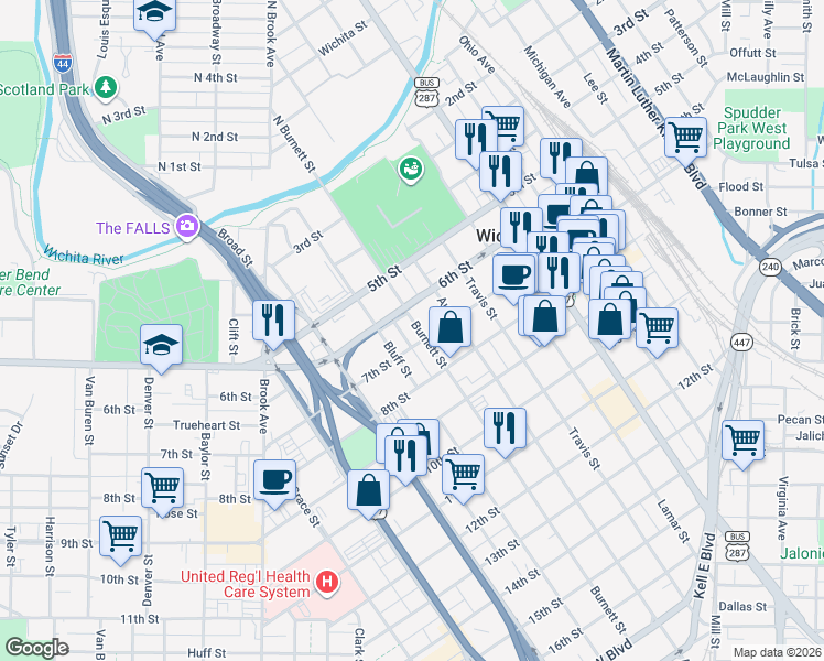 map of restaurants, bars, coffee shops, grocery stores, and more near 608 Burnett Street in Wichita Falls