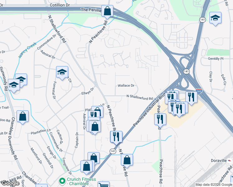map of restaurants, bars, coffee shops, grocery stores, and more near 2254 North Shallowford Road in Chamblee