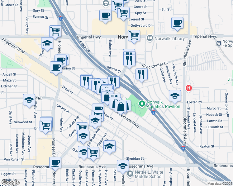 map of restaurants, bars, coffee shops, grocery stores, and more near 12116 Olive Street in Norwalk