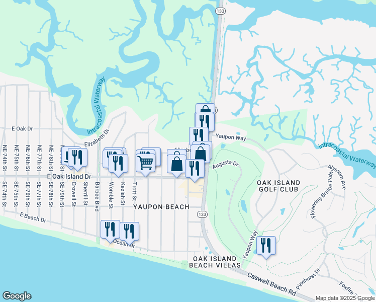 map of restaurants, bars, coffee shops, grocery stores, and more near 419 McGlamery Street in Oak Island