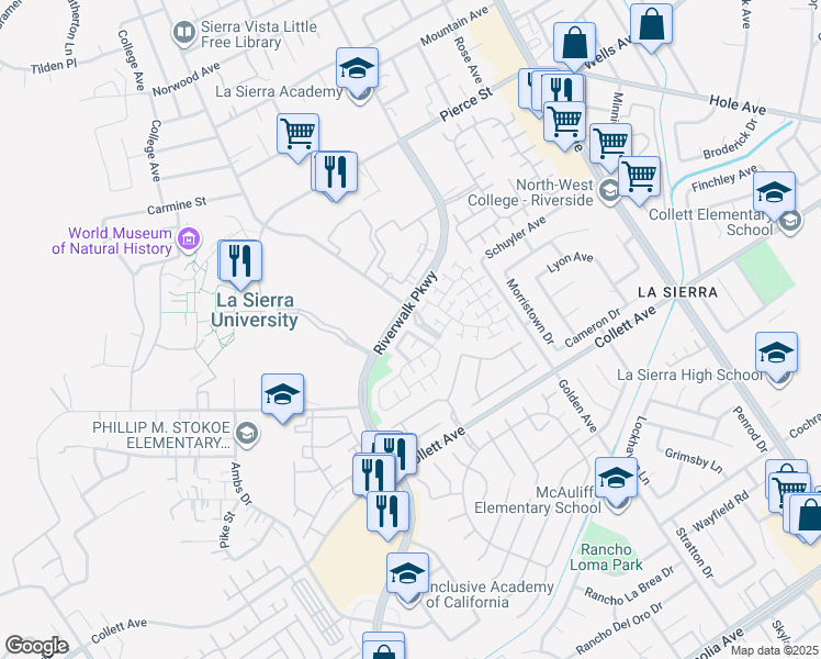 map of restaurants, bars, coffee shops, grocery stores, and more near 4549 Riverscape Drive in Riverside