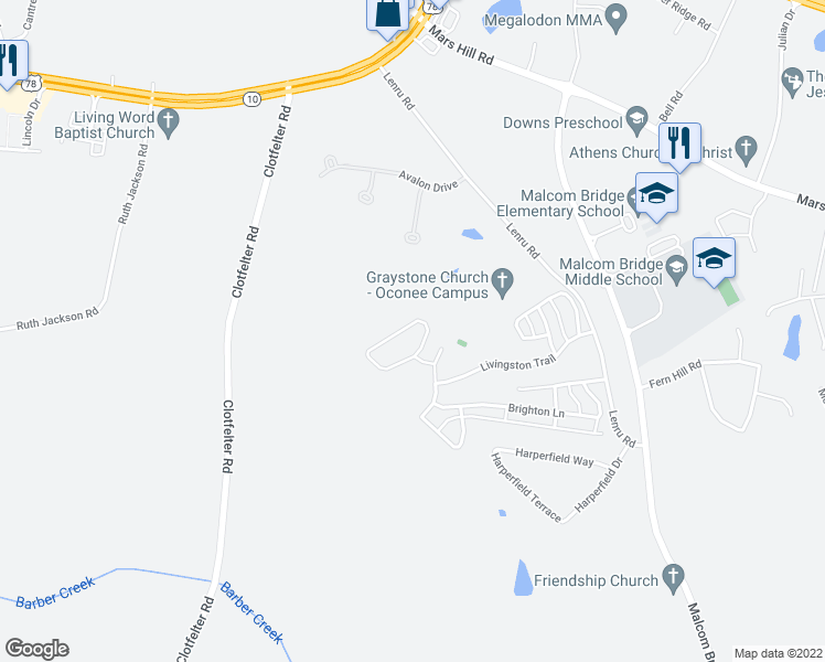 map of restaurants, bars, coffee shops, grocery stores, and more near 1460 Binghampton Circle in Bogart