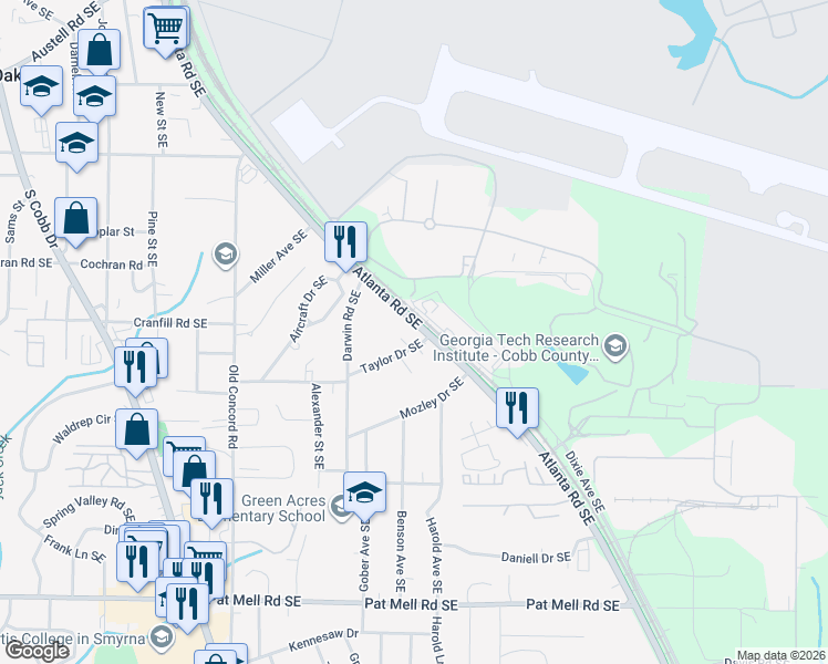 map of restaurants, bars, coffee shops, grocery stores, and more near 1730 Atlanta Road Southeast in Smyrna