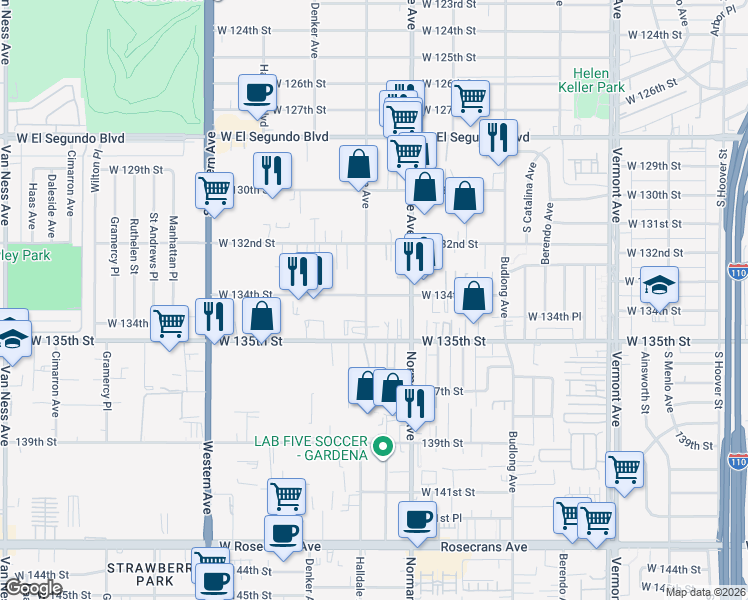 map of restaurants, bars, coffee shops, grocery stores, and more near 13406 Halldale Avenue in Gardena