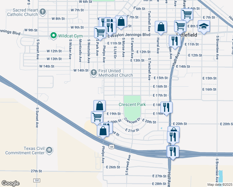 map of restaurants, bars, coffee shops, grocery stores, and more near 201 East 17th Street in Littlefield