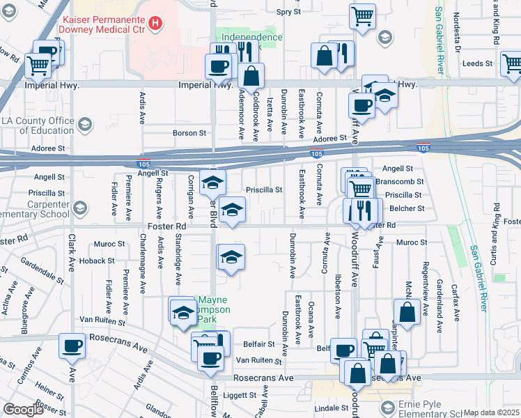 map of restaurants, bars, coffee shops, grocery stores, and more near 13226 Coldbrook Avenue in Downey
