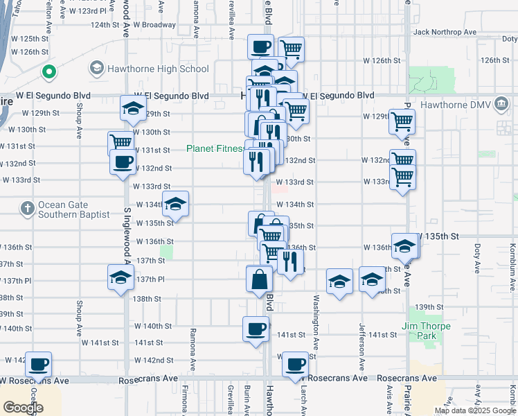 map of restaurants, bars, coffee shops, grocery stores, and more near 13415 Hawthorne Boulevard in Hawthorne