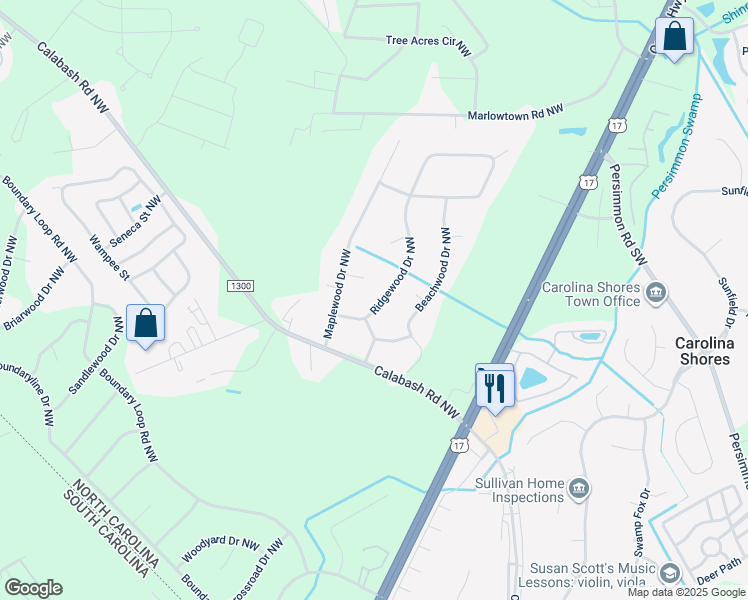 map of restaurants, bars, coffee shops, grocery stores, and more near 311 Ridgewood Drive Northwest in Calabash