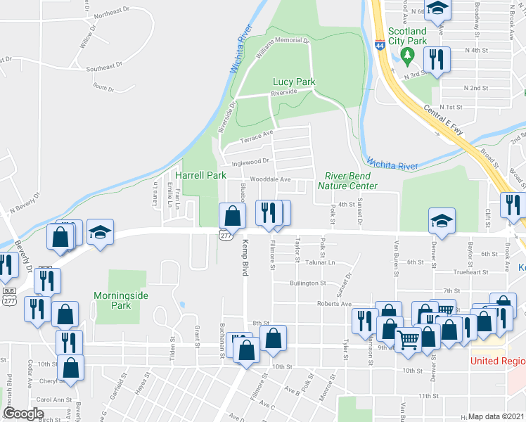 map of restaurants, bars, coffee shops, grocery stores, and more near 319 Rockwood Drive in Wichita Falls