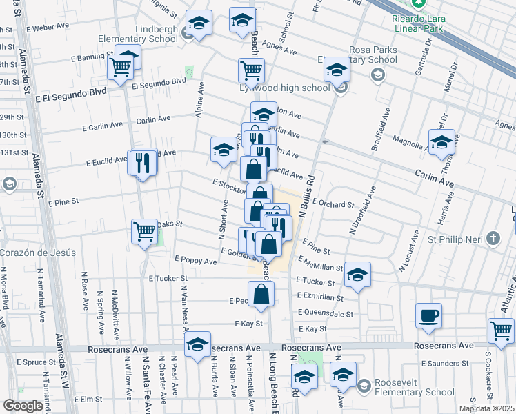 map of restaurants, bars, coffee shops, grocery stores, and more near 2111 North Long Beach Boulevard in Compton