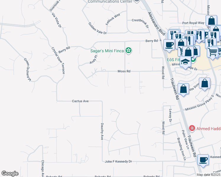map of restaurants, bars, coffee shops, grocery stores, and more near 14448 Merlot Court in Riverside