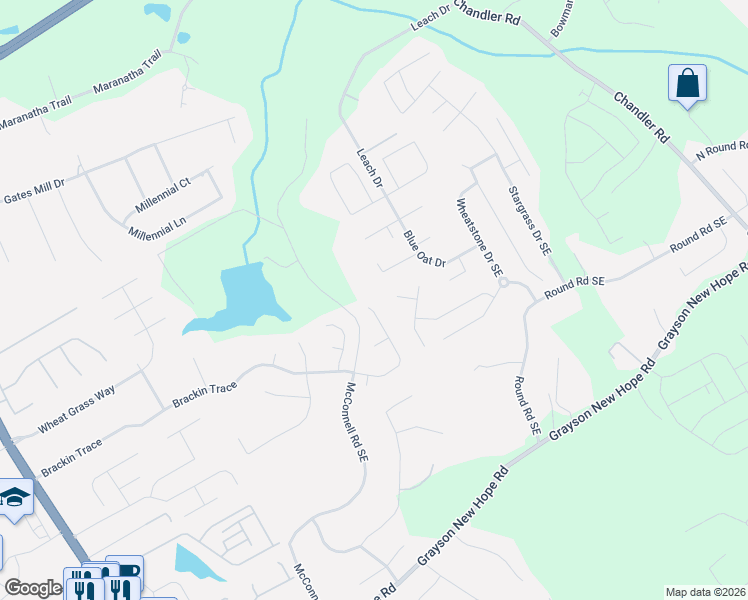 map of restaurants, bars, coffee shops, grocery stores, and more near 188 Brackin Trace in Grayson