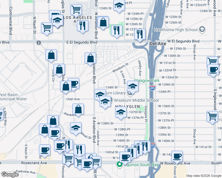 map of restaurants, bars, coffee shops, grocery stores, and more near 5446 134th Street in Hawthorne