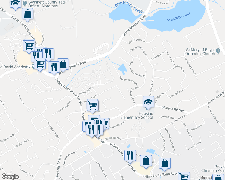 map of restaurants, bars, coffee shops, grocery stores, and more near 4746 Warners Trail in Norcross