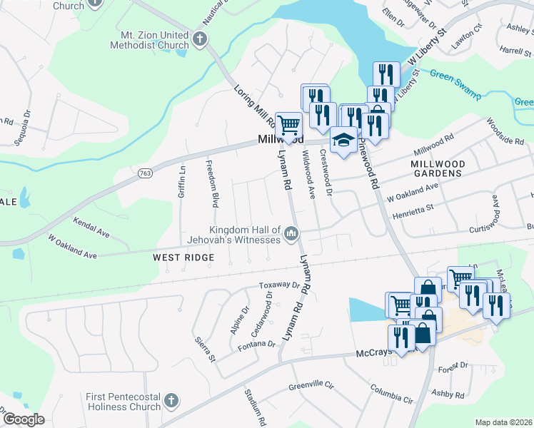 map of restaurants, bars, coffee shops, grocery stores, and more near 420 Conifer Street in Sumter