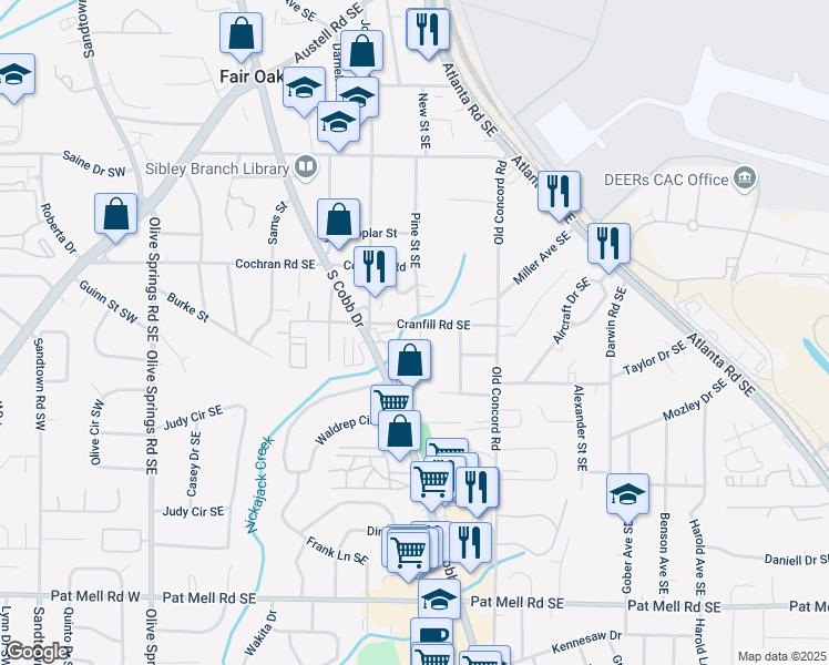 map of restaurants, bars, coffee shops, grocery stores, and more near 354 Cranfill Road Southeast in Marietta