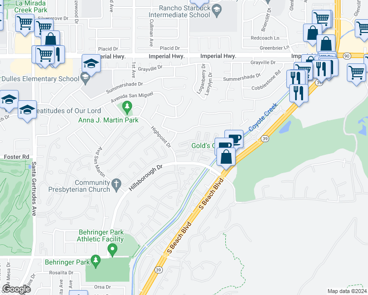 map of restaurants, bars, coffee shops, grocery stores, and more near 16420 Fitzpatrick Court in La Mirada
