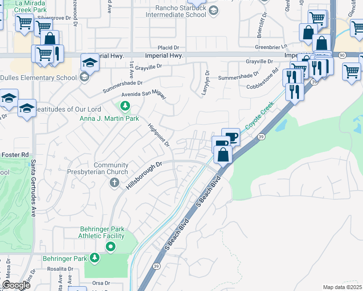 map of restaurants, bars, coffee shops, grocery stores, and more near 16410 Fitzpatrick Court in La Mirada
