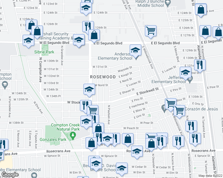 map of restaurants, bars, coffee shops, grocery stores, and more near 2009 East Lucien Street in Compton