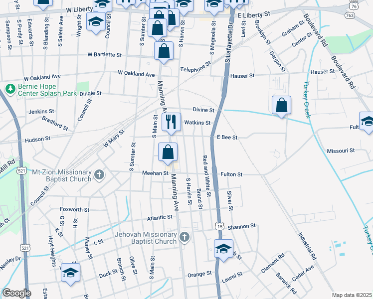 map of restaurants, bars, coffee shops, grocery stores, and more near 511 South Harvin Street in Sumter
